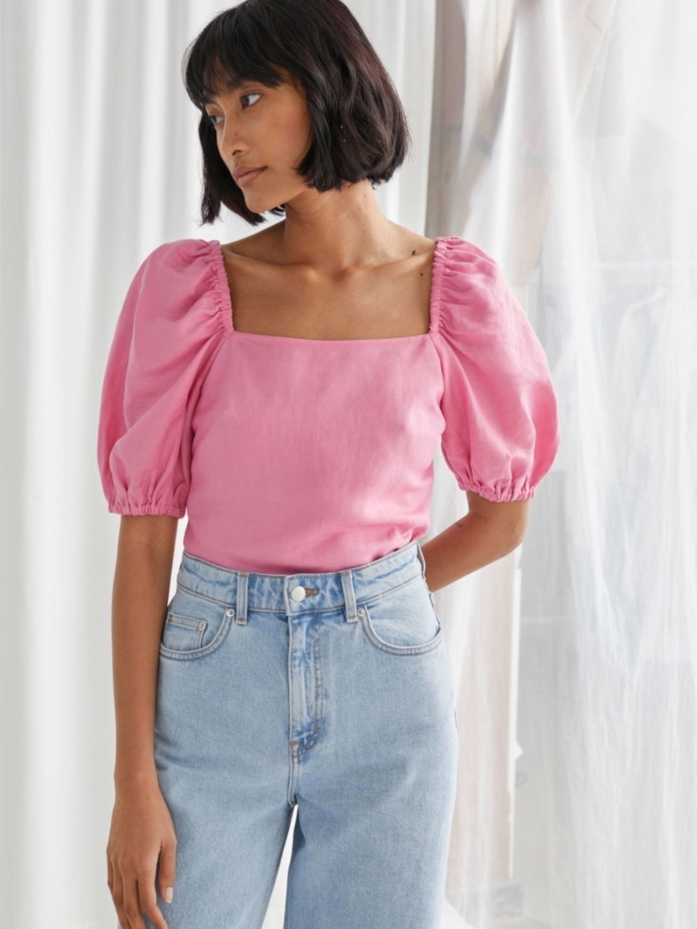 & Other Stories Linen Blend Puff Sleeve Top Pink Square Neck Size 2